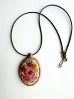 Hand Embroidered Wooden Oval Pendant