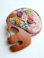Hand Embroidered Wooden Skull Pin