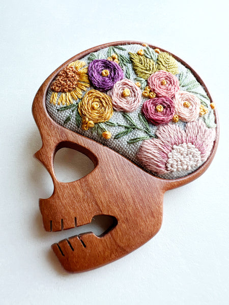 Hand Embroidered Wooden Skull Pin