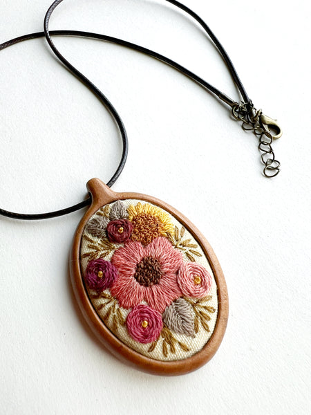 Hand Embroidered Wooden Oval Pendant