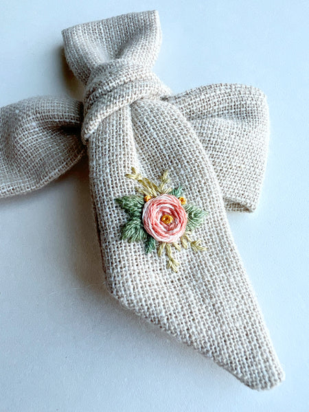 Hand Embroidered Bow - Large Hand Tied - Floral
