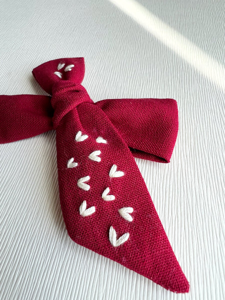 Hand Embroidered Bow - Large Hand Tied - Hearts