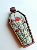 Hand Embroidered Wooden Mushroom Coffin Pendant