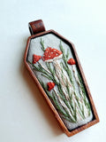 Hand Embroidered Wooden Mushroom Coffin Pendant