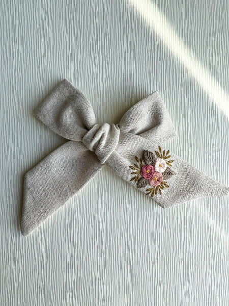 Hand Embroidered Bow - Large Hand Tied - Floral Bunch