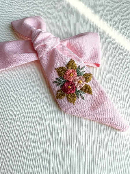 Hand Embroidered Bow - Large Hand Tied - Floral Bunch