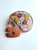 Hand Embroidered Wooden Skull Pin