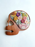 Hand Embroidered Wooden Skull Pin