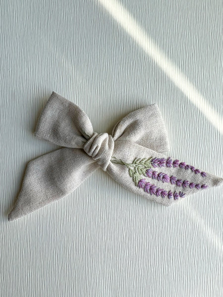 Hand Embroidered Bow - Large Hand Tied - Lavender