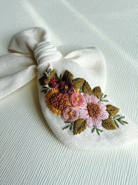 Hand Embroidered Bow - Large Hand Tied - Floral Bunch