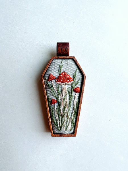Hand Embroidered Wooden Mushroom Coffin Pendant