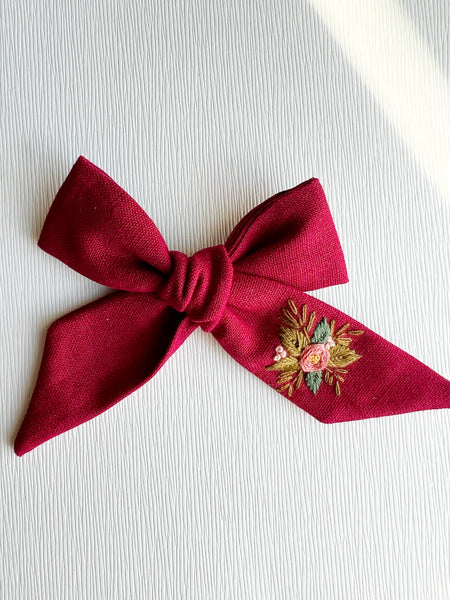 Hand Embroidered Bow - Large Hand Tied - Floral Bunch