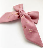 Hand Embroidered Bow - Large Hand Tied - Hearts & Xoxo