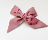 Hand Embroidered Bow - Large Hand Tied - Hearts