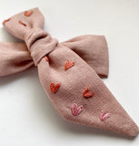 Hand Embroidered Bow - Large Hand Tied - Hearts