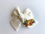 Hand Embroidered Bow - Chunky - White - Floral Bunch