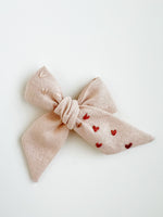 Hand Embroidered Bow - Large Hand Tied - Hearts