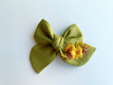 Hand Embroidered Bow - Chunky - Green - Floral Bunch