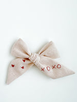 Hand Embroidered Bow - Large Hand Tied - Hearts & XOXO