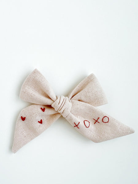 Hand Embroidered Bow - Large Hand Tied - Hearts & XOXO