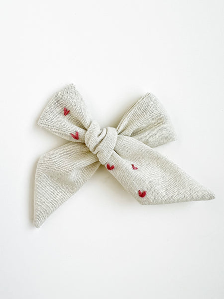 Hand Embroidered Bow - Large Hand Tied - Hearts