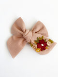 Hand Embroidered Bow - Chunky - Pink - Deep Red Floral Bunch