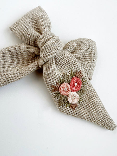 Hand Embroidered Bow - Large Hand Tied - Floral Bunch
