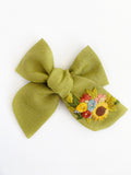 Hand Embroidered Bow - Chunky - Green - Sunflower & Roses