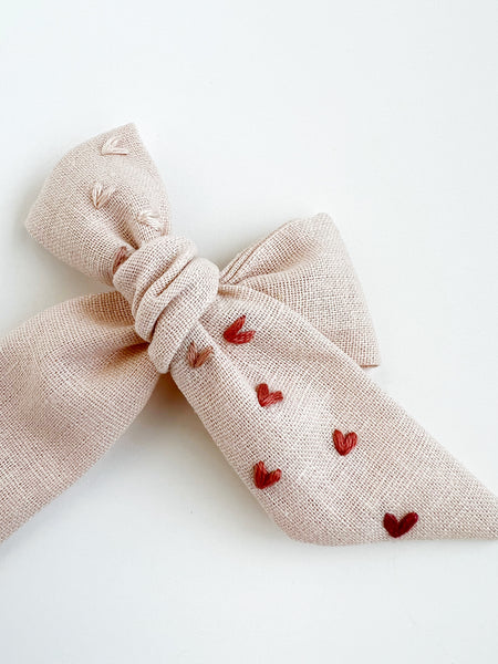 Hand Embroidered Bow - Large Hand Tied - Hearts
