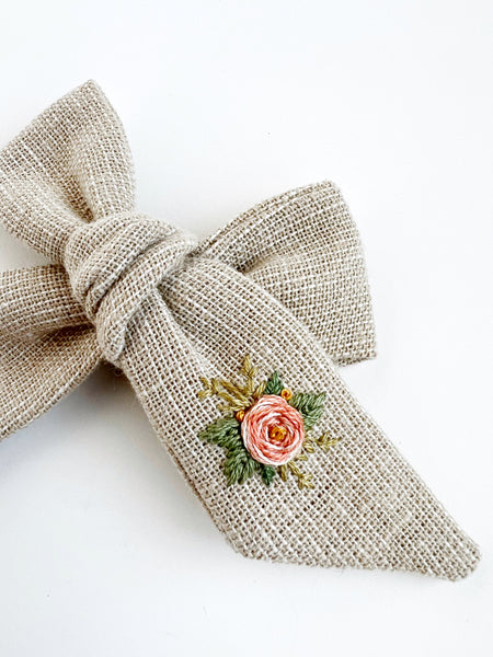 Hand Embroidered Bow - Large Hand Tied - Floral Bunch