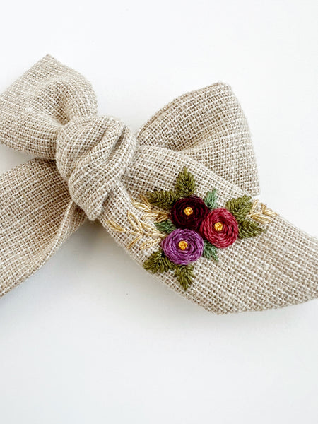 Hand Embroidered Bow - Large Hand Tied - Floral Bunch