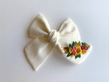 Hand Embroidered Bow - Chunky - White - Floral Bunch