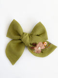 Hand Embroidered Bow - Chunky - Green - Floral Bunch