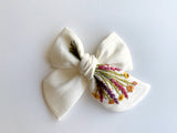 Hand Embroidered Bow - Chunky - White - Wildflowers