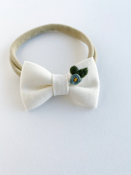 Embroidered Blue Rose Newborn Bow (comes on light tan nylon)
